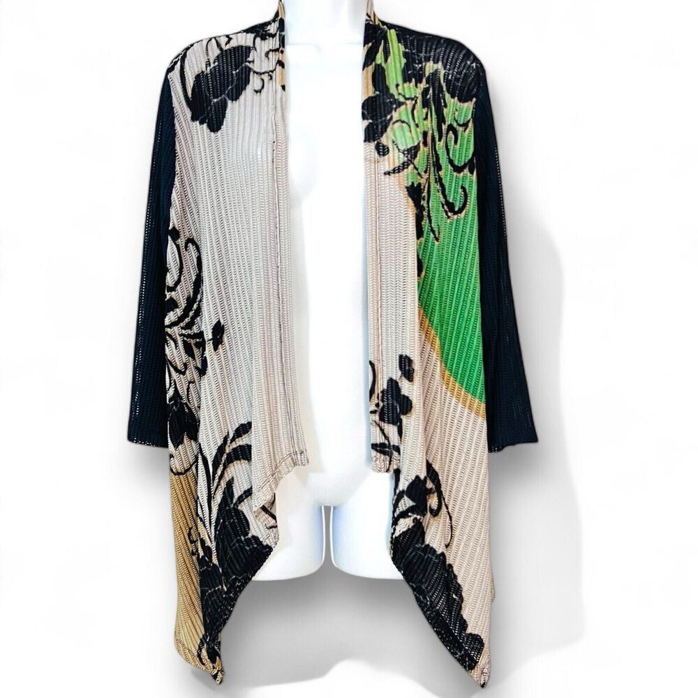 Easy Wear Chicos Floral Blue Green Cream Laser Cut Nylon Cardigan Sz 3 US XL